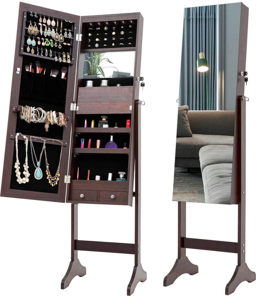 Brown Fashion Simple Jewelry Storage Mirror Cabinet With LED Lights