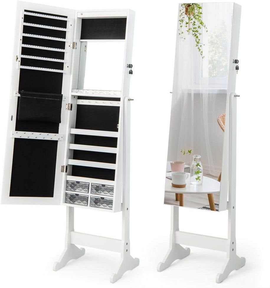 Costway White Jewelry Cabinet Armoire Full Length Frameless Mirror Lockable with Lights