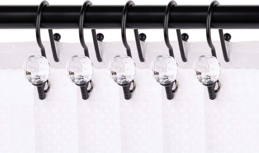 Utopia Alley Double Shower Curtain Hooks for Bathroom Rustproof Zinc Shower Curtain Hooks Rings Crystal Design in Matte Black