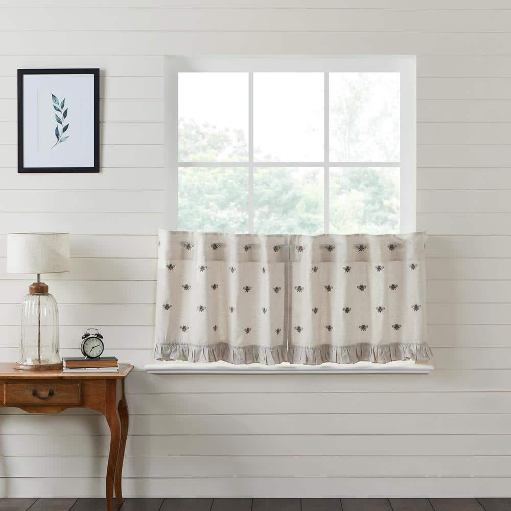 VHC BRANDS Embroidered Bee 36 in. W x 24 in. L Country Light Filtering Tier Window Panel in Creme Yellow Gray Pair