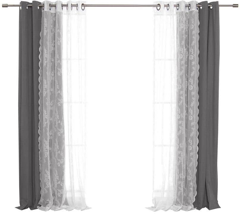 Best Home Fashion 52 in. W x 84 in. L Rose Sheer and Linen Textured Grommet Blackout Curtains in Dark Grey