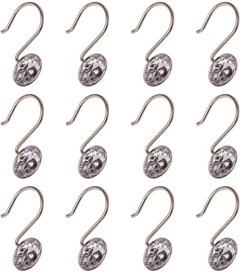 Utopia Alley Shower Curtain Hooks for Bathroom, Rust Resistant Shower Curtain Hooks Rings, Crystal Design, Brushed Nickel (Set of 12)