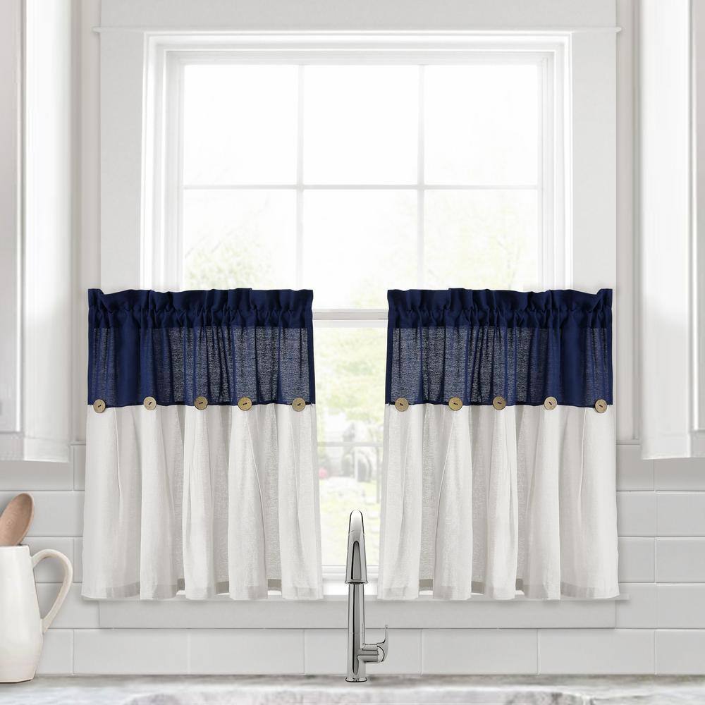 Lush Decor Linen Button Kitchen Tier Window Curtain Panels Navy/White 29X24 Set