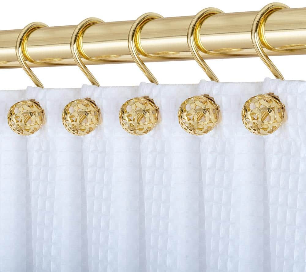 Utopia Alley Hollow Ball Shower Curtain Hooks for Bathroom, Rust Resistant Shower Curtain Hooks Rings, Set of 12, Gold