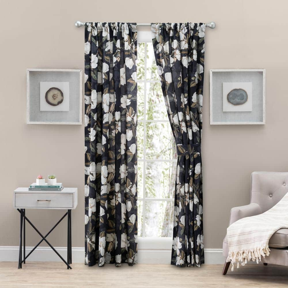 Ellis Curtain Magnolia Black Floral Cotton Lined 100 in. W x 84 in. L Rod Pocket Room Darkening Curtains with Ties (Double Panel)