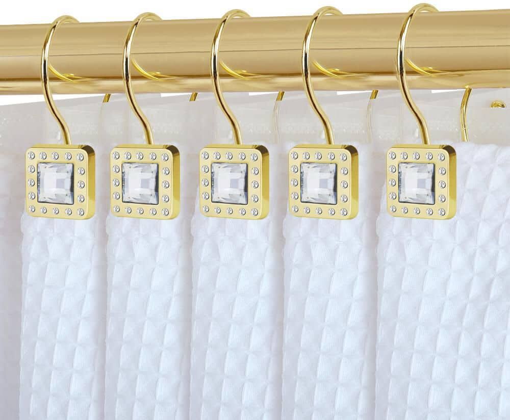 Utopia Alley Double Shower Curtain Hooks for Bathroom, Rust Resistant Shower Curtain Hooks Rings, Crystal Design, Set of 12, Gold