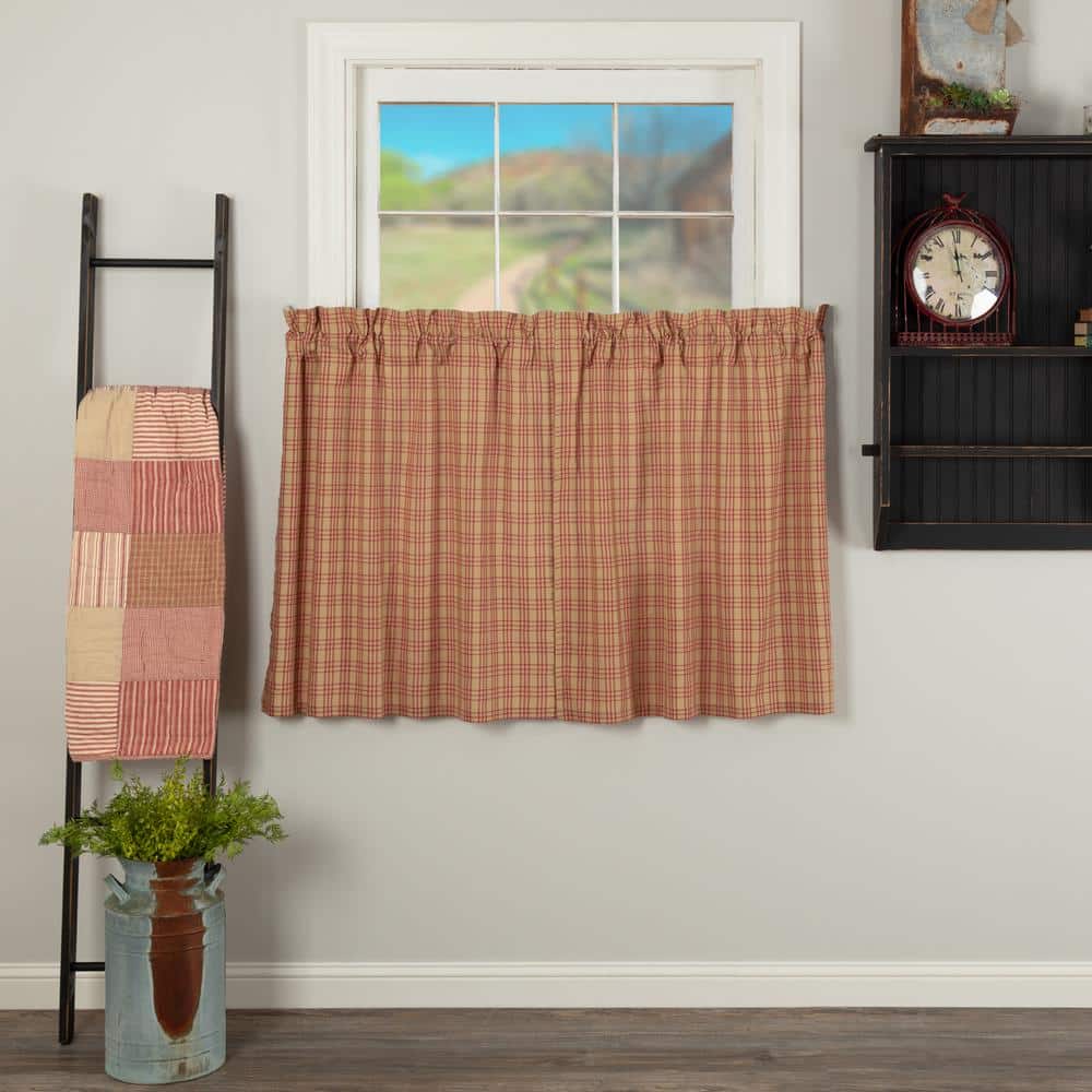 VHC BRANDS Sawyer Mill Plaid 36 in. W x 36 in. L Light Filtering Rod Pocket Tier Window Panel in Country Red Dark Tan Pair