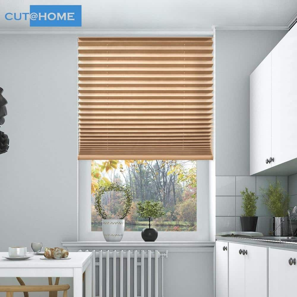 BlindsAvenue Cut at Home Adjustable Width Pleated Shade 1.5 in. pleat Fawn Cordless Light Filtering Fabric 48 in. W x 64 in. L