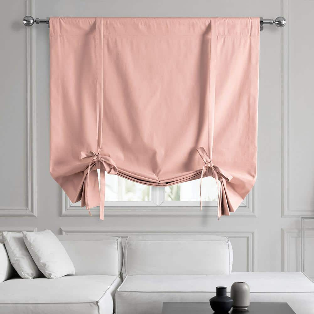 Exclusive Fabrics & Furnishings Lullaby Pink Solid Cotton 46 in. W x 63 in. L Rod Pocket Room Darkening Curtains Tie-Up Window Shade (Single Panel)