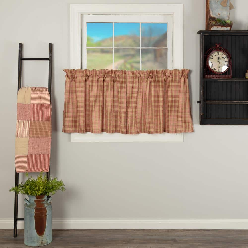 VHC BRANDS Sawyer Mill Plaid 36 in. W x 24 in. L Light Filtering Rod Pocket Tier Window Panel in Country Red Dark Tan Pair