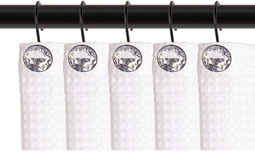 Utopia Alley Shower Curtain Hooks for Bathroom, Rust Resistant Shower Curtain Hooks Rings, Crystal Design, Set of 12, Matt Black