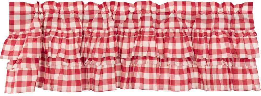 VHC BRANDS Annie Buffalo Check 60 in. W x 16 in. L Cotton Straight Edge Rod Pocket Farmhouse Kitchen Curtain Valance in Red