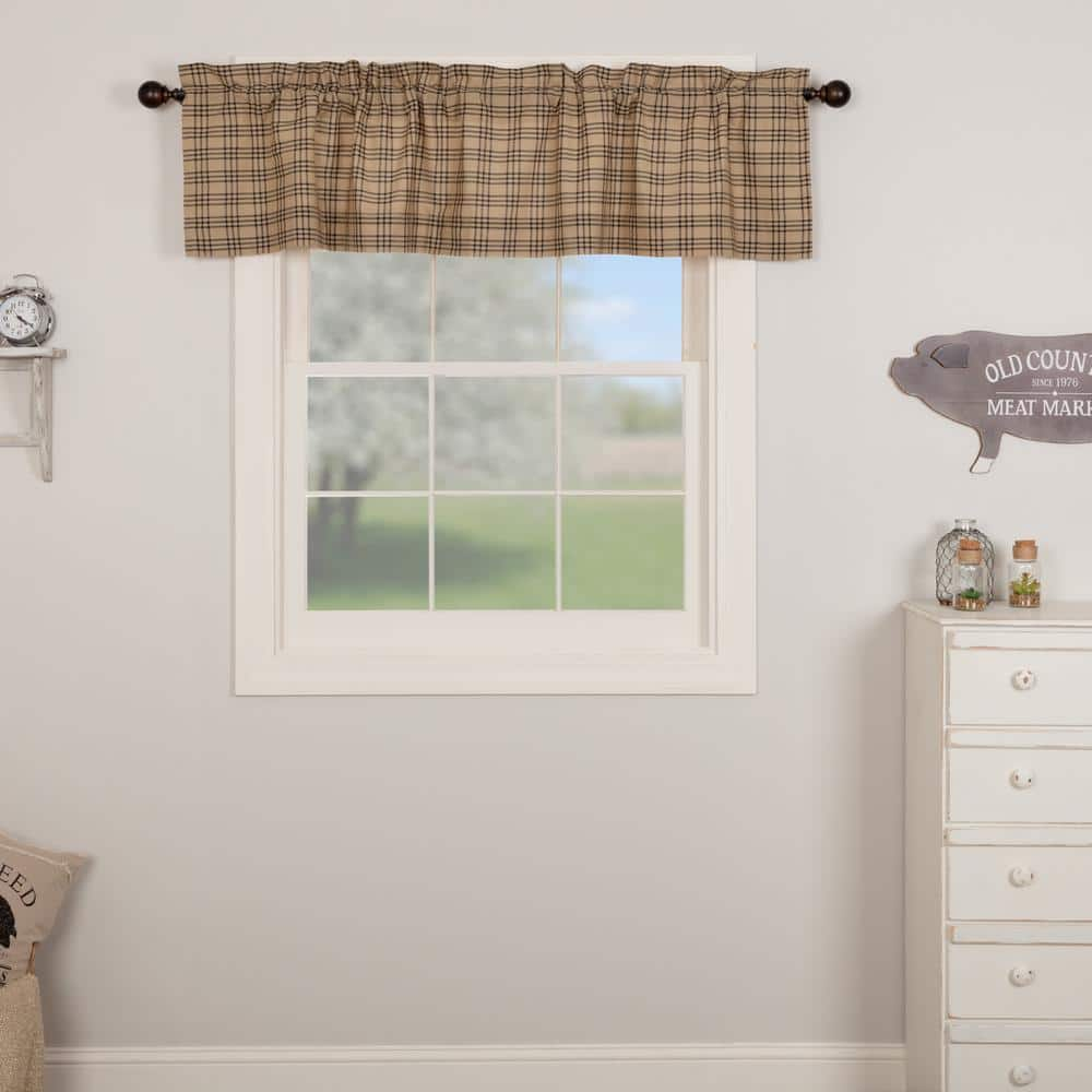 VHC Brands Sawyer Mill Plaid 72in. W x 16in. L Cotton Straight Edge Rod Pocket Farmhouse Kitchen Curtain Valance in Charcoal Tan