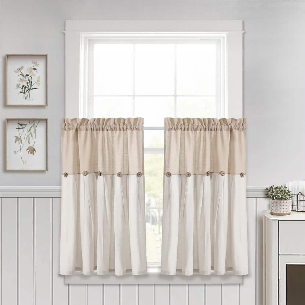 Lush Decor Linen Button Kitchen Tier Window Curtain Panels Linen 29X36 Set