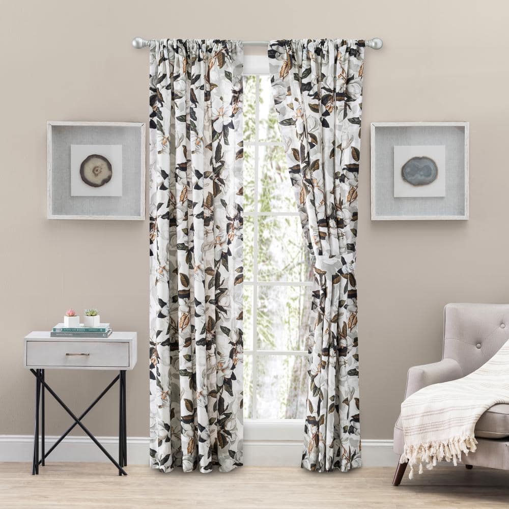 Ellis Curtain Magnolia White Floral Cotton Lined 100 in. W x 84 in. L Rod Pocket Room Darkening Curtains with Ties (Double Panel)