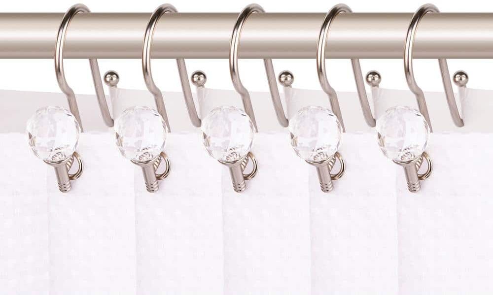 Utopia Alley Double Shower Curtain Hooks for Bathroom, Rustproof Zinc Shower Curtain Hooks Rings, Crystal Design, Brushed Nickel