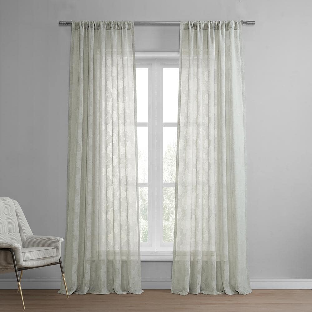 Exclusive Fabrics & Furnishings Calais Tile Grey Patterned Faux Linen Sheer Curtain - 50 in. W x 108 in. L Rod Pocket with Hook belt Single Window Panel