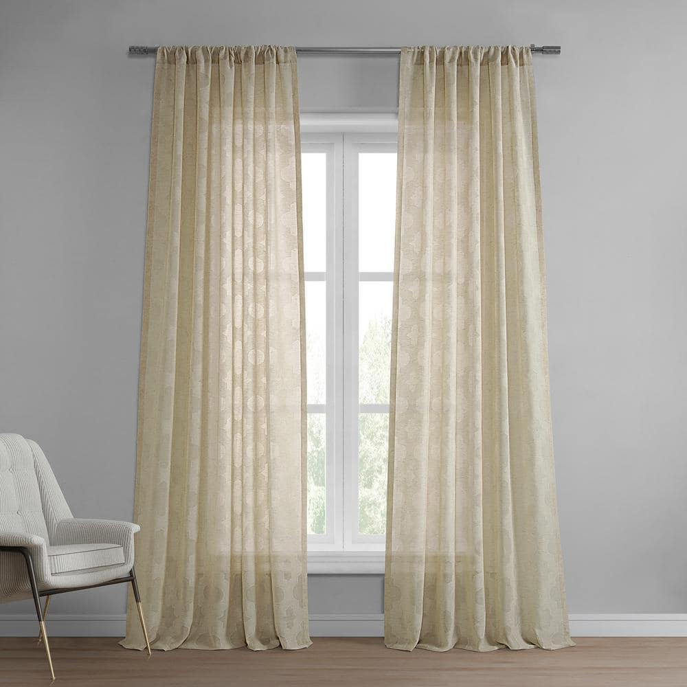 Exclusive Fabrics & Furnishings Calais Tile Beige Patterned Faux Linen Sheer Curtain - 50 in. W x 84 in. L Rod Pocket with Hook belt Single Window Panel