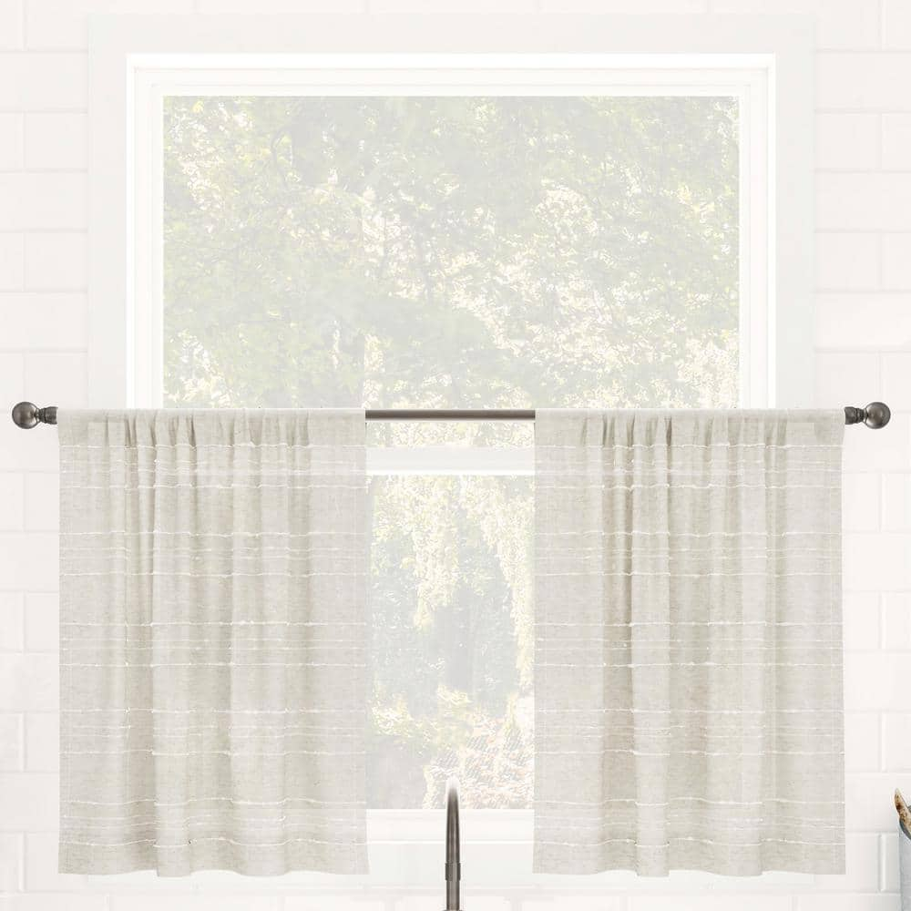 CLEAN WINDOW Aya Textured Slub Stripe Linen Blend 52 in. W x 24 in. L Sheer Rod Pocket Kitchen Curtain Tier Pair in Linen