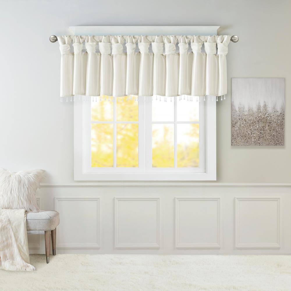 Madison Park Natalie White 50 in. W x 26 in. L Lightweight Faux Silk Valance with Beads