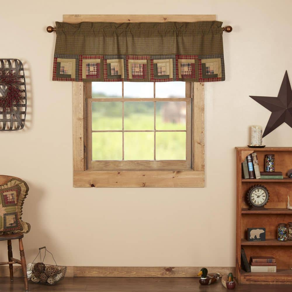 VHC Brands Tea Cabin Log Cabin Block Border 60 in. L x 20 in. W Cotton Valance in Moss Green Khaki Red