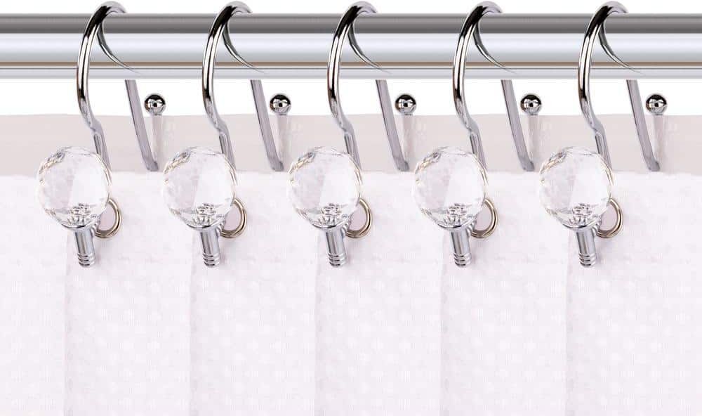 Utopia Alley Double Shower Curtain Hooks for Bathroom Rustproof Zinc Shower Curtain Hooks Rings Crystal Design in Polished Chrome