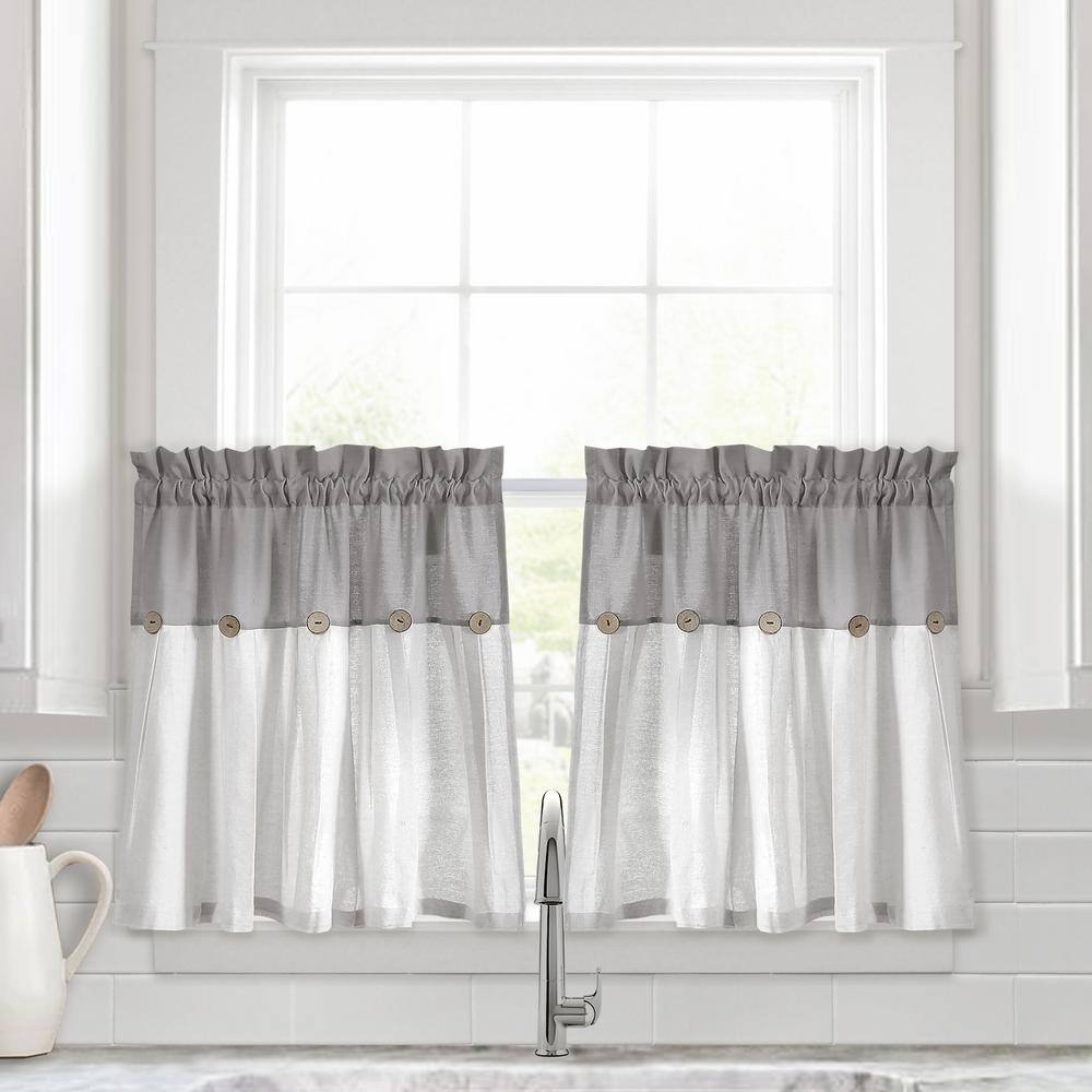 Lush Decor Linen Button Kitchen Tier Window Curtain Panels Gray/White 29X24 Set