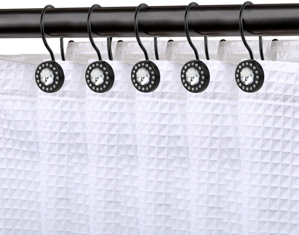 Utopia Alley Double Shower Curtain Hooks for Bathroom, Rust Resistant Shower Curtain Hooks Rings, Crystal Design, Matte Black