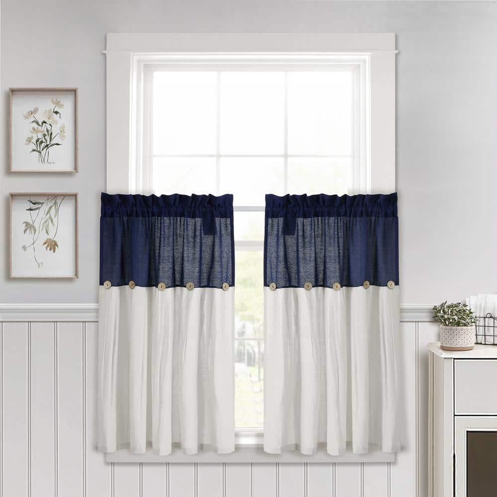 Lush Decor Linen Button Kitchen Tier Window Curtain Panels Navy/White 29X36 Set