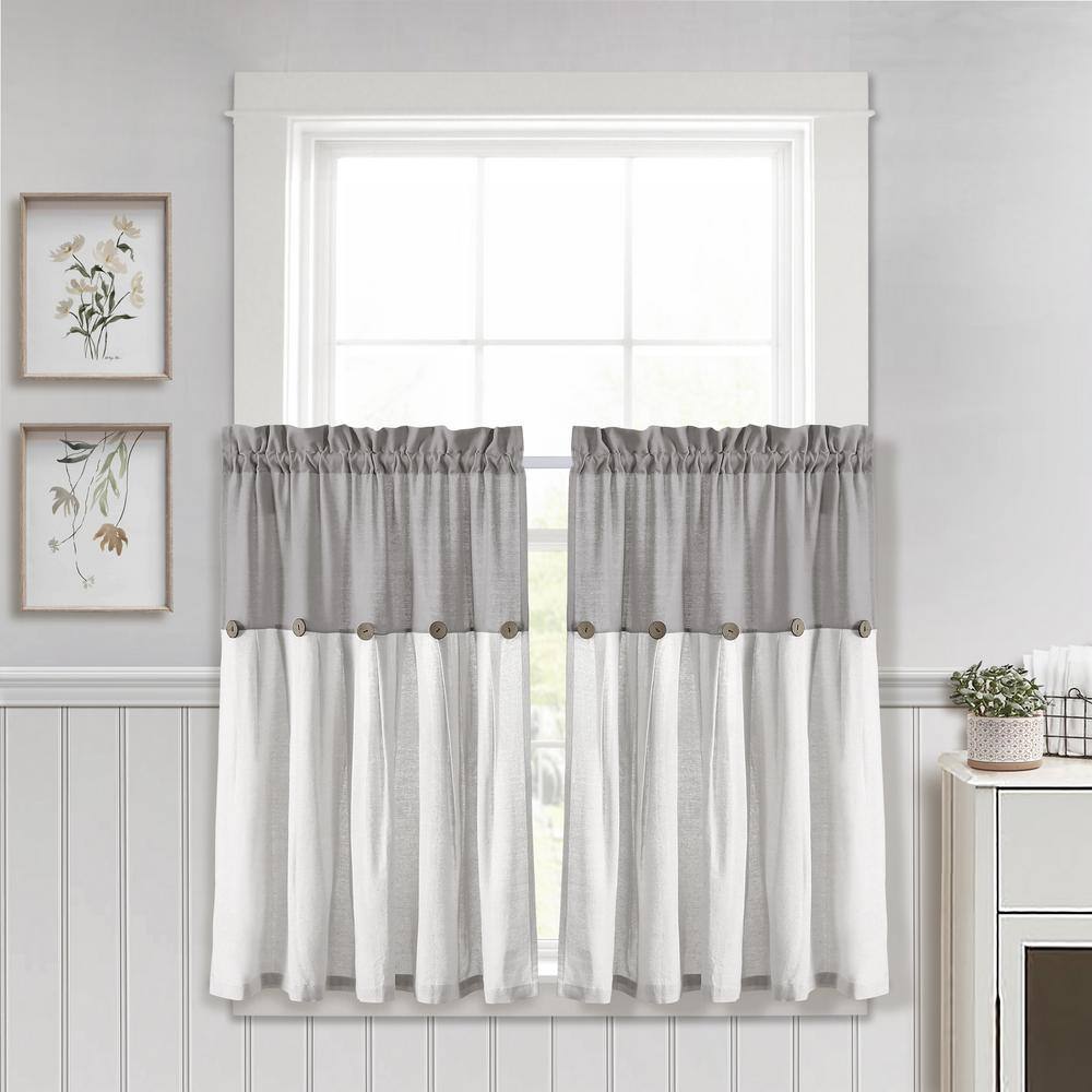 Lush Decor Linen Button Kitchen Tier Window Curtain Panels Gray/White 29X36 Set