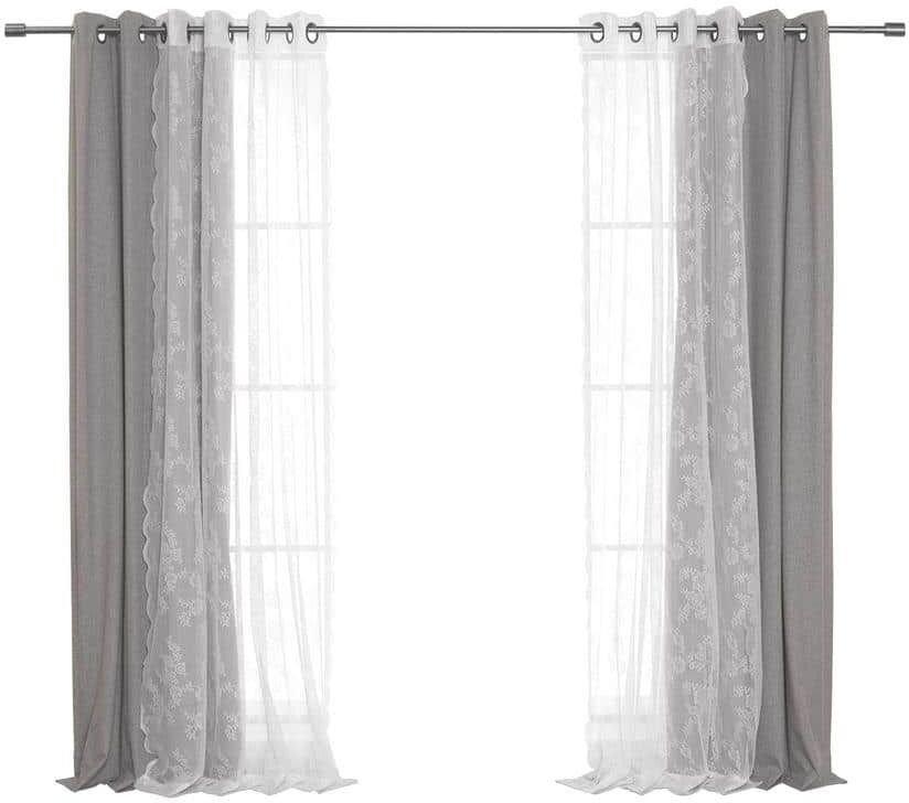 Best Home Fashion 52 in. W x 84 in. L Rose Sheer and Linen Textured Grommet Blackout Curtains in Grey