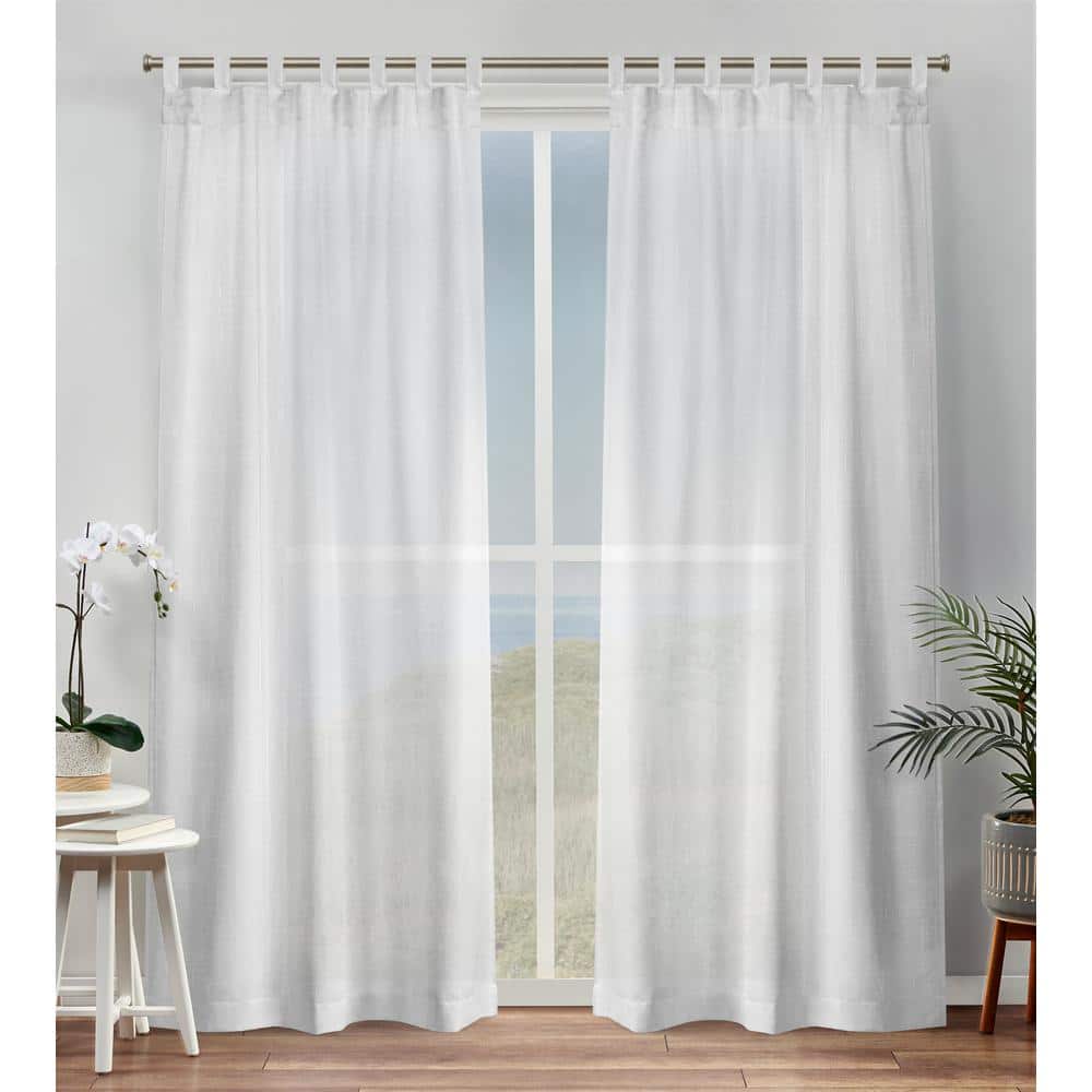 EXCLUSIVE HOME Bella White Solid Sheer Tab Top Curtain, 54 in. W x 96 in. L (Set of 2)