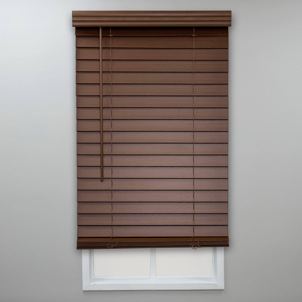 Perfect Lift Window Treatment Dark Oak Cordless Room Darkening Faux Wood Blinds with 2 in. Slats - 44.25 in. W x 48 in. L