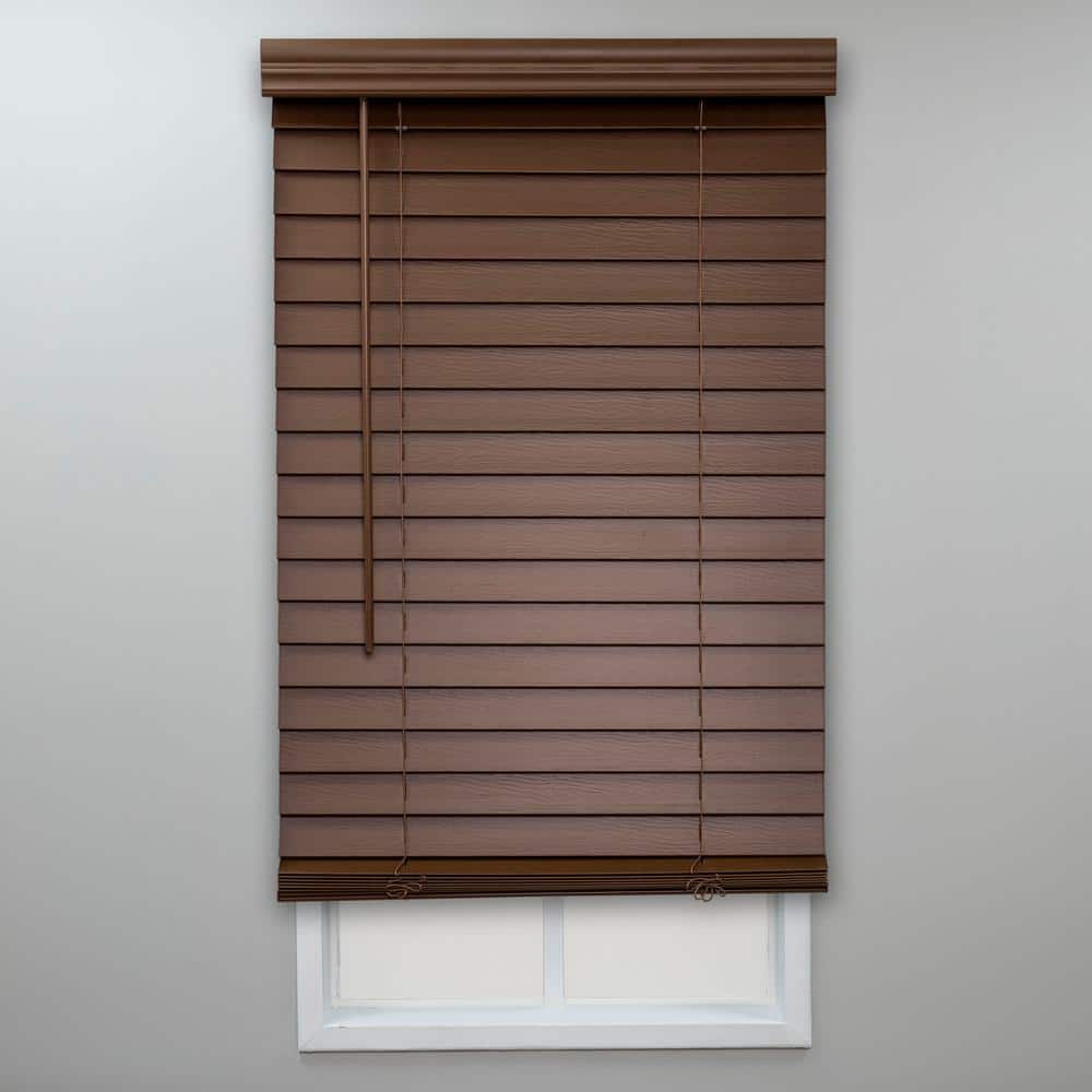 Perfect Lift Window Treatment Dark Oak Cordless Room Darkening Faux Wood Blinds with 2 in. Slats - 47 in. W x 48 in. L
