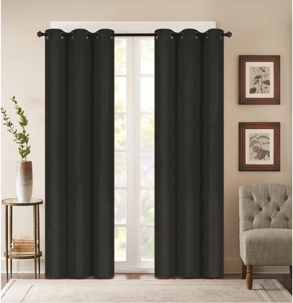 J&V TEXTILES Embossed Black Polyester Thermal 76 in. W x 84 in. L Grommet Blackout Curtain Panel (2-Set)