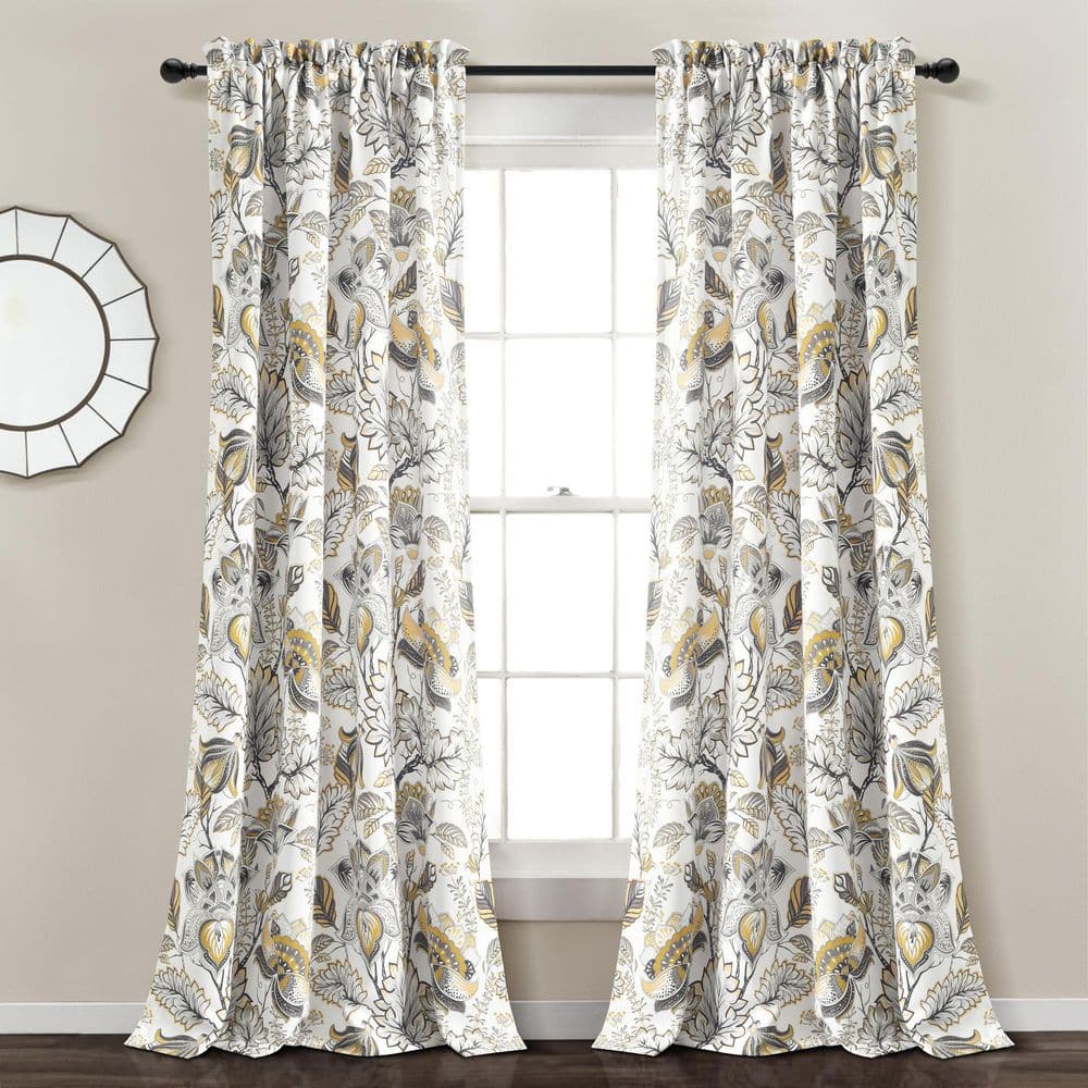 HOMEBOUTIQUE Cynthia Jacobean 52 in. W x 84 in. L Light Filtering Window Curtain Panels in Yellow/Gray Plus 2 Set