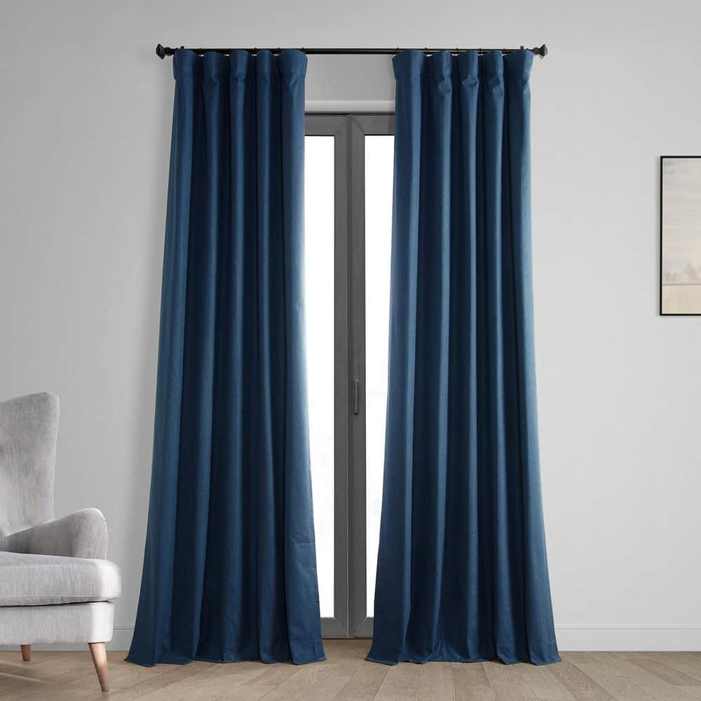 Exclusive Fabrics & Furnishings Indigo Blue Vintage Thermal Cross Linen Weave Blackout Rod Pocket Curtain - 50 in. W x 120 in. L (1 Panel)