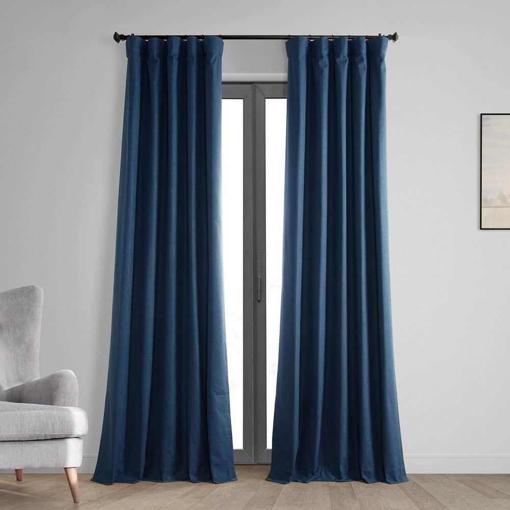 Exclusive Fabrics & Furnishings Indigo Blue Vintage Thermal Cross Linen Weave Blackout Rod Pocket Curtain - 50 in. W x 84 in. L (1 Panel)