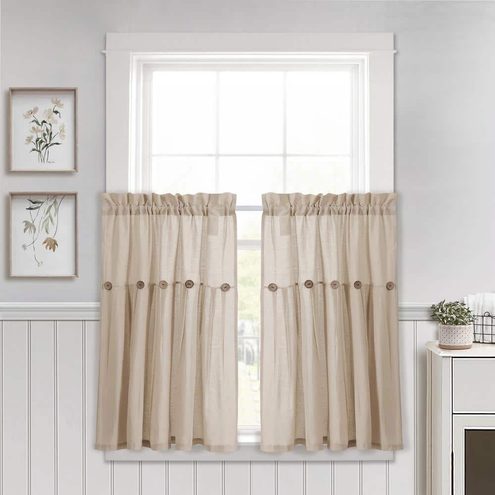 Lush Decor Linen Button Kitchen Tier Window Curtain Panels Dark Linen 29X36 Set