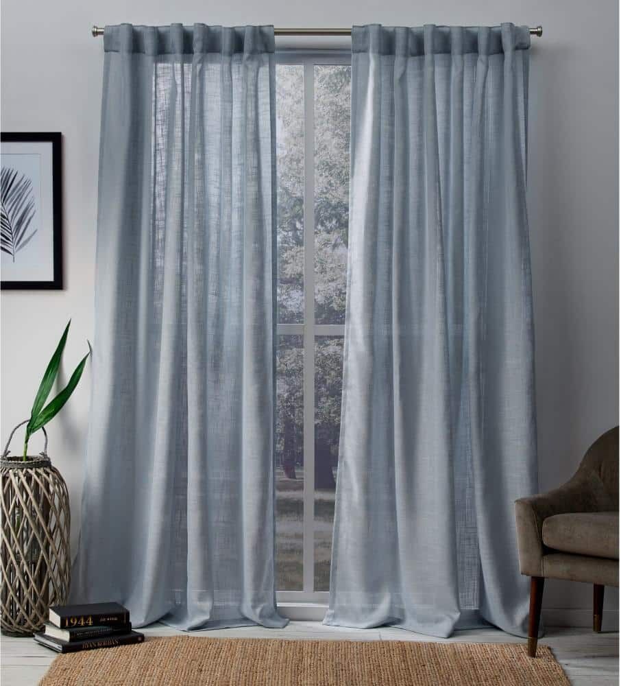 EXCLUSIVE HOME Bella Melrose Blue Solid Sheer Hidden Tab / Rod Pocket Curtain, 54 in. W x 96 in. L (Set of 2)