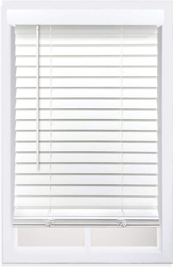 Perfect Lift Window Treatment Smooth White Cordless Room Darkening Smooth Faux Wood Blinds with 2 in. Slats - 21.25 in. W x 64 in. L