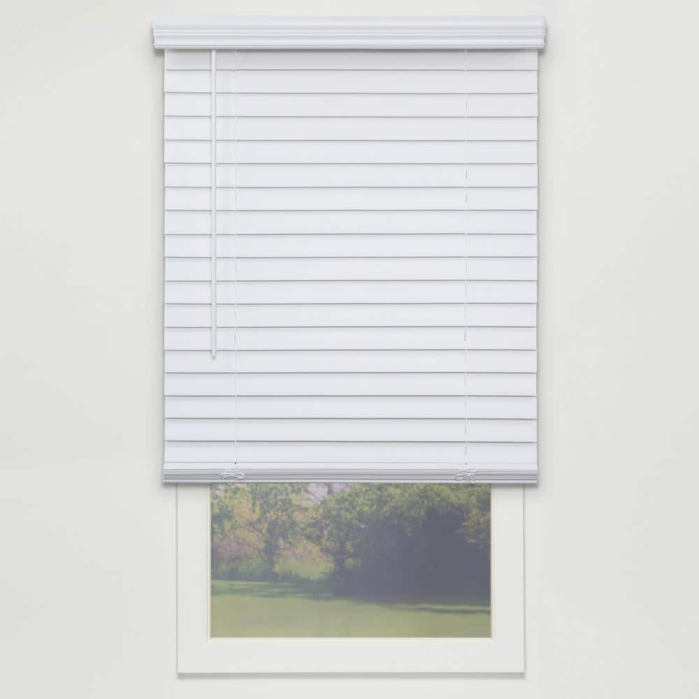 Perfect Lift Window Treatment White Cordless Room Darkening Faux Wood Blinds with 2 in. Slats - 54.25 in. W x 64 in. L