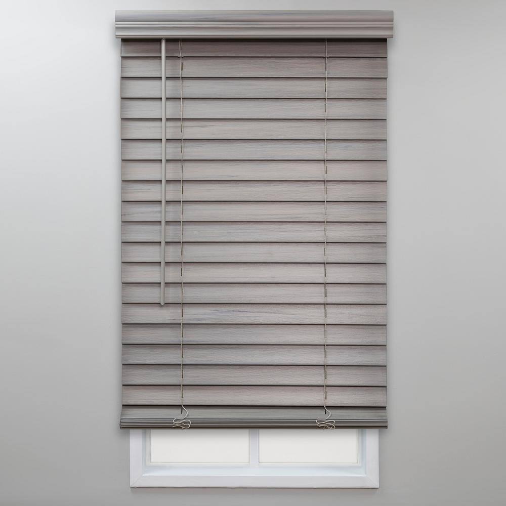 Perfect Lift Window Treatment Gray Cordless Room Darkening Faux Wood Blinds with 2 in. Slats - 24 in. W x 48 in. L