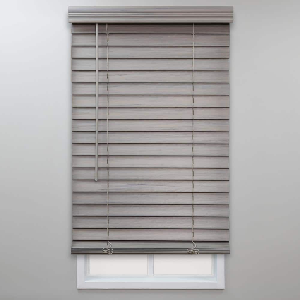 Perfect Lift Window Treatment Gray Cordless Room Darkening Faux Wood Blinds with 2 in. Slats - 28 in. W x 48 in. L