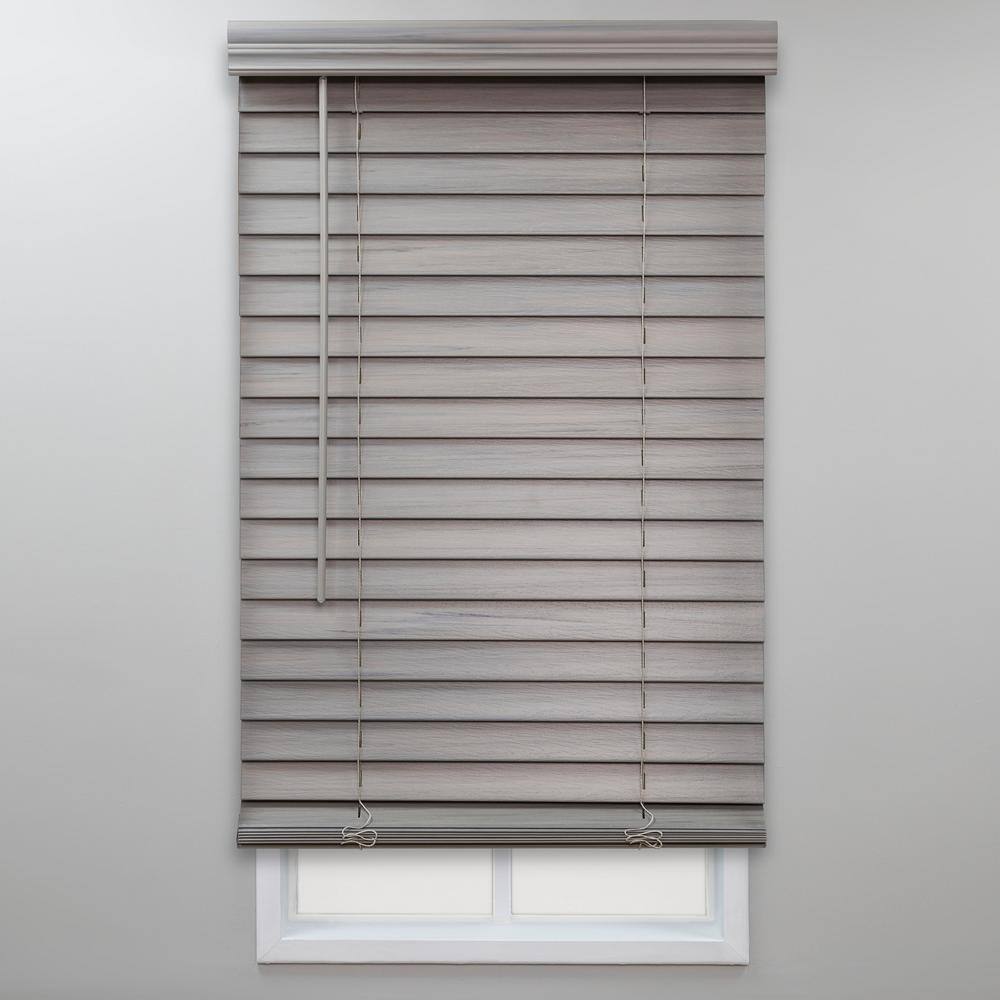Perfect Lift Window Treatment Gray Cordless Room Darkening Faux Wood Blinds with 2 in. Slats - 47.5 in. W x 64 in. L