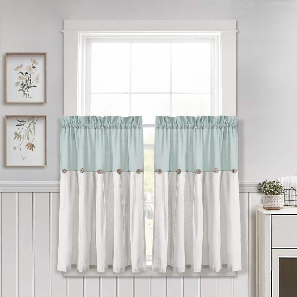 Lush Decor Linen Button Kitchen Tier Window Curtain Panels Blue/White 29X36 Set