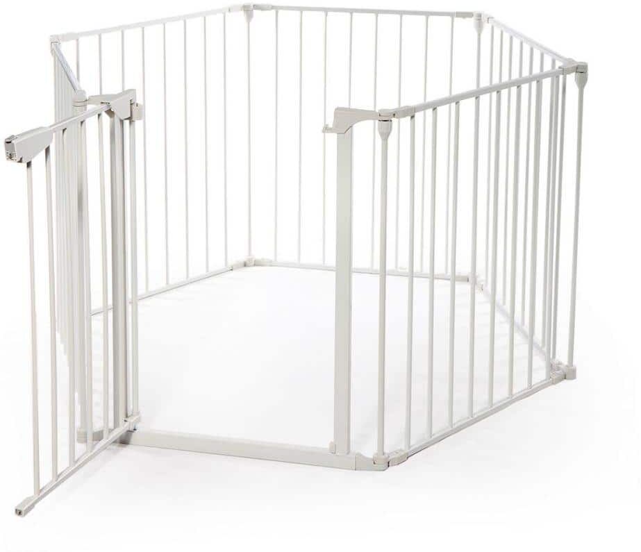 Amu Colo 6-Panel White Metal Foldable 5-in-1 Extra Wide Barrier Gate Baby Playpen Fireplace Safety Fence with Walk-Through Door