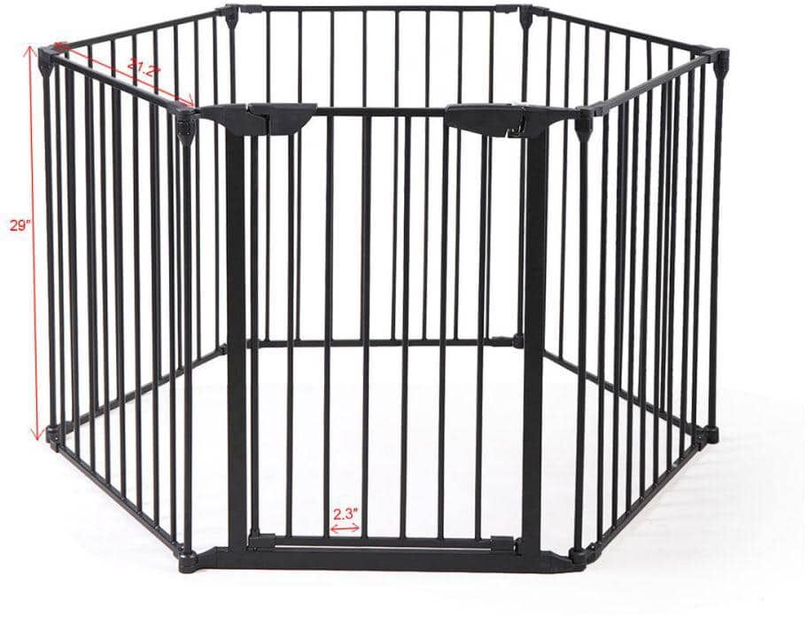 Amu Colo 6-Panel Black Metal Foldable 5-in-1 Extra Wide Barrier Gate Baby Playpen Fireplace Safety Fence with Walk-Through Door