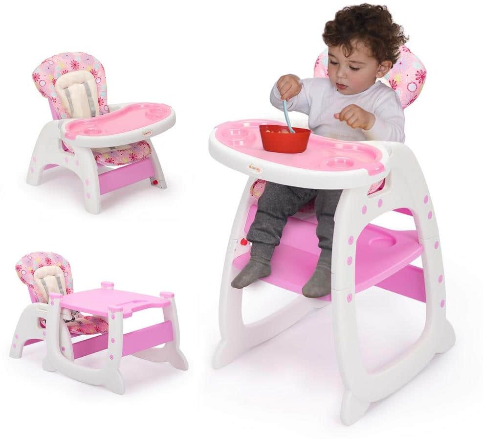 Nyeekoy 3-in-1 Convertible Toddler High Chair Table Baby Booster Seat with Feeding Tray, Pink