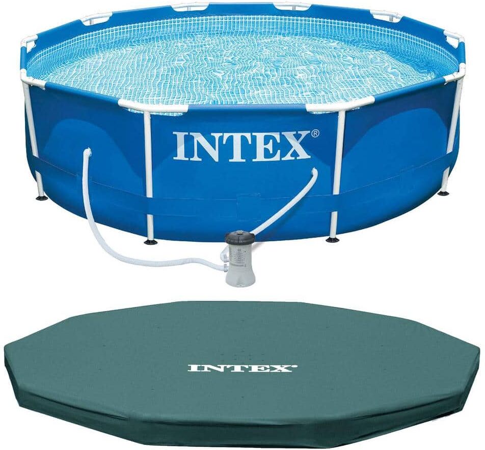 Intex 10 ft. Round 30 in. Deep Metal Frame Above Ground Swimming Pool Set with Filter and Debris Cover